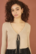 Yumi Gold Metallic Knitted Ribbed Tie Front Bolero - QHA UK