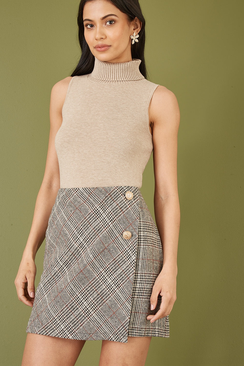 Yumi Oatmeal Knitted Roll Neck Sleeveless Jumper - QHA UK