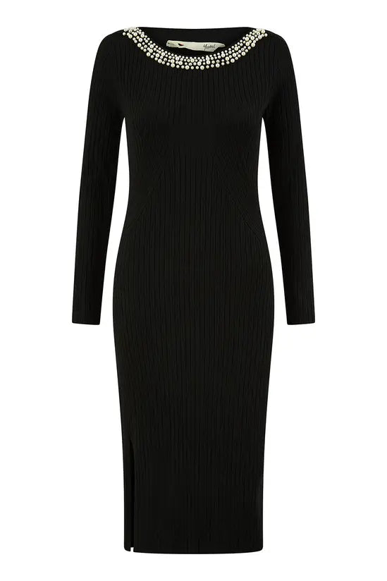 Yumi Black Pearl Neckline Fitted Midi Knitted Dress - QHA UK