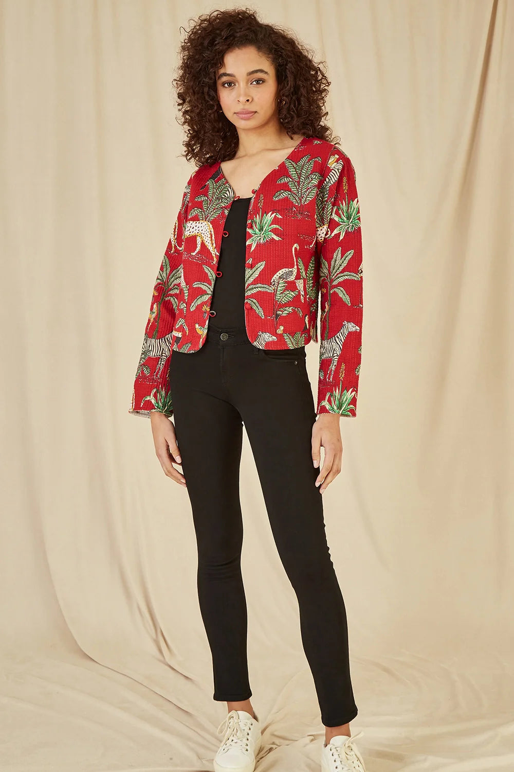 Yumi Red Animal Print Reversible Cotton Cropped Quilted Jacket - QHA UK
