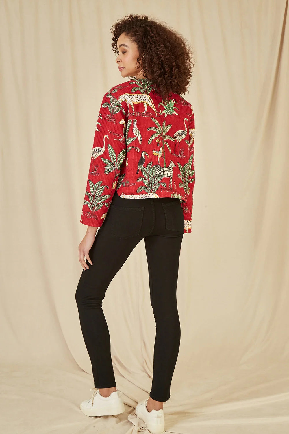 Yumi Red Animal Print Reversible Cotton Cropped Quilted Jacket - QHA UK