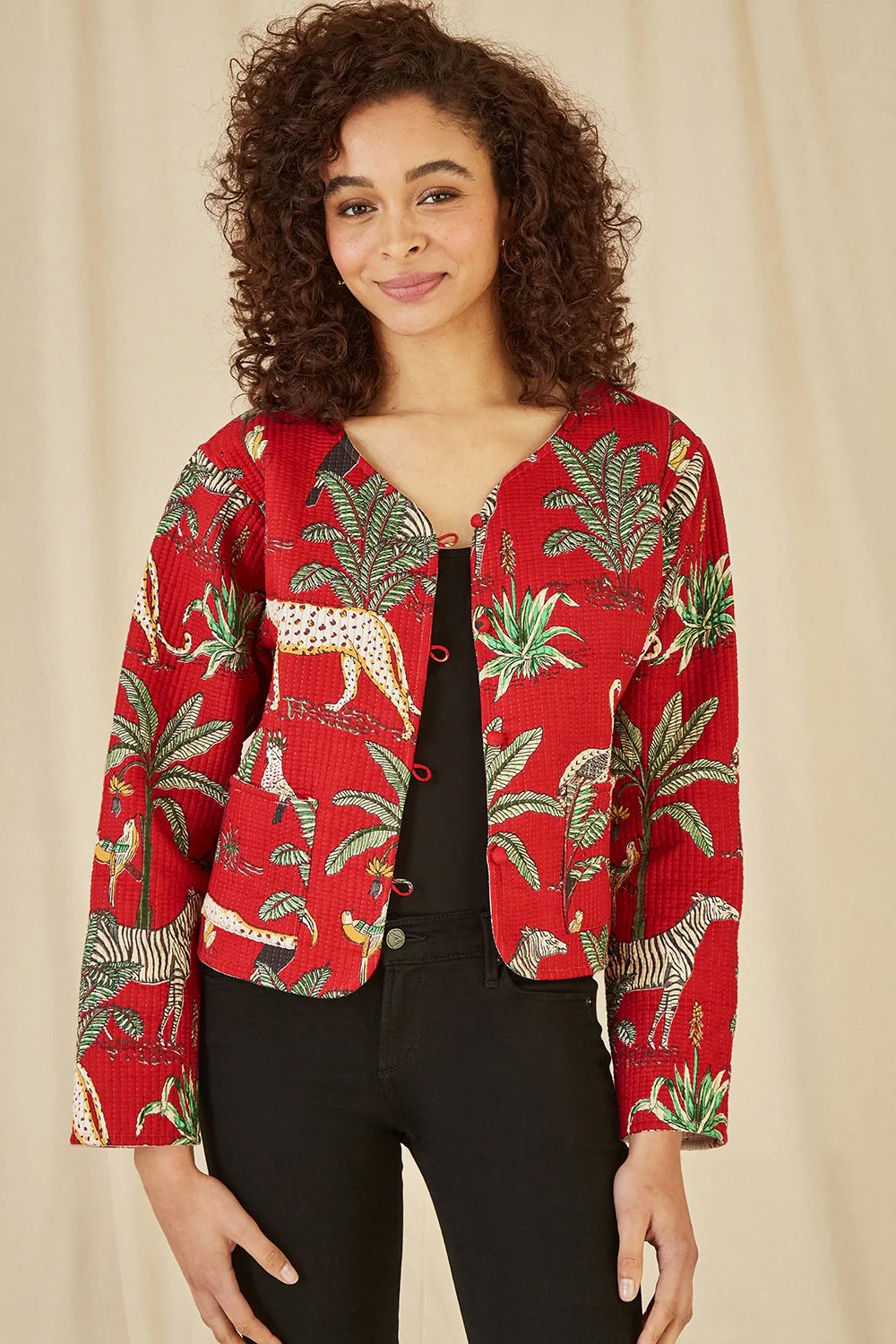 Yumi Red Animal Print Reversible Cotton Cropped Quilted Jacket - QHA UK