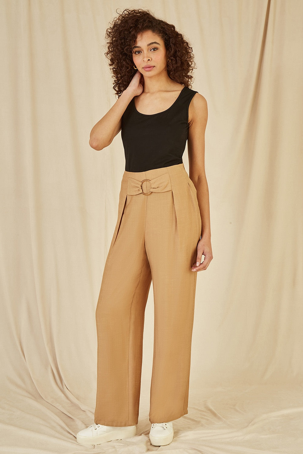 Yumi Brown Wide Leg trousers With Front Buckle Detail - QHA UK