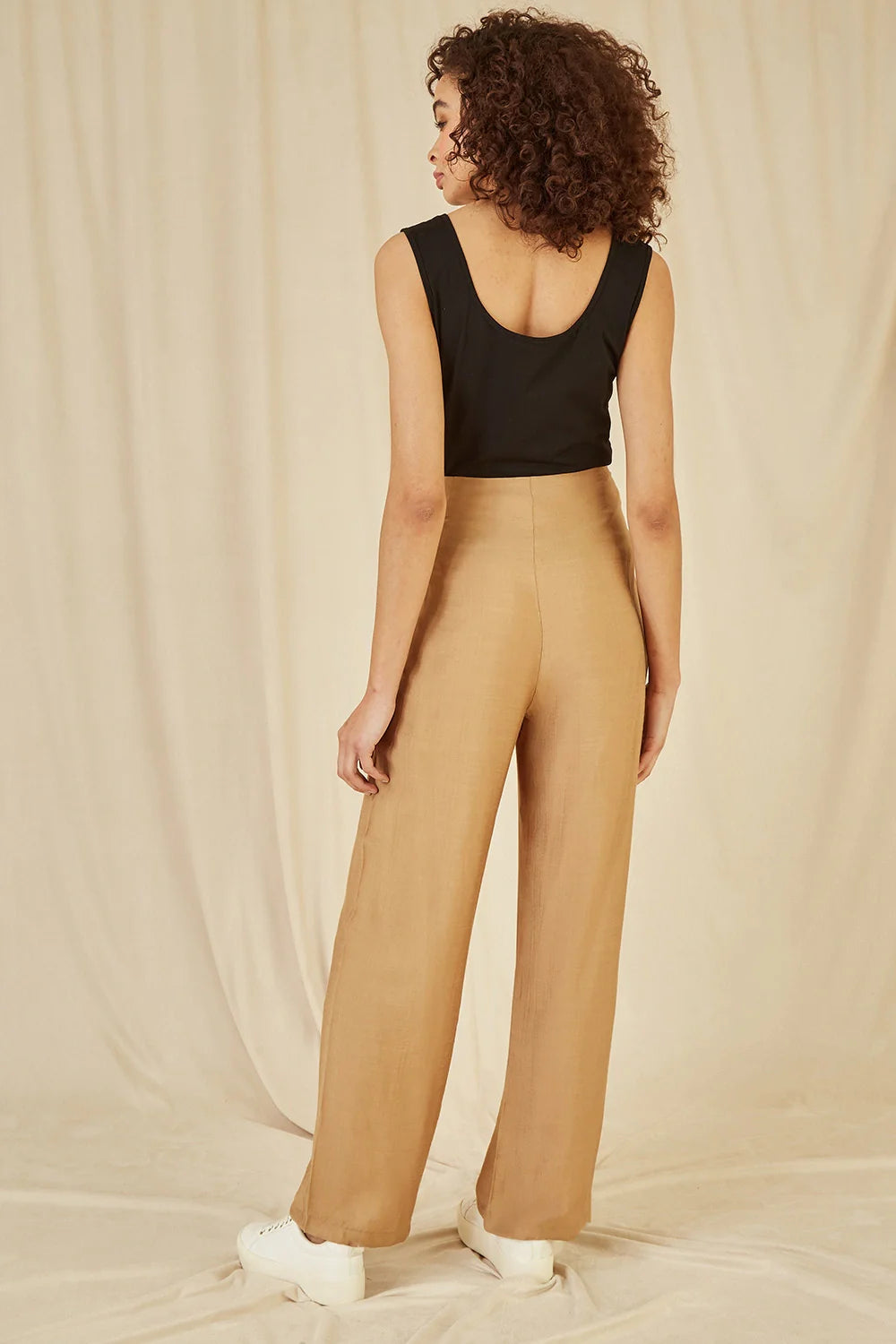 Yumi Brown Wide Leg trousers With Front Buckle Detail - QHA UK
