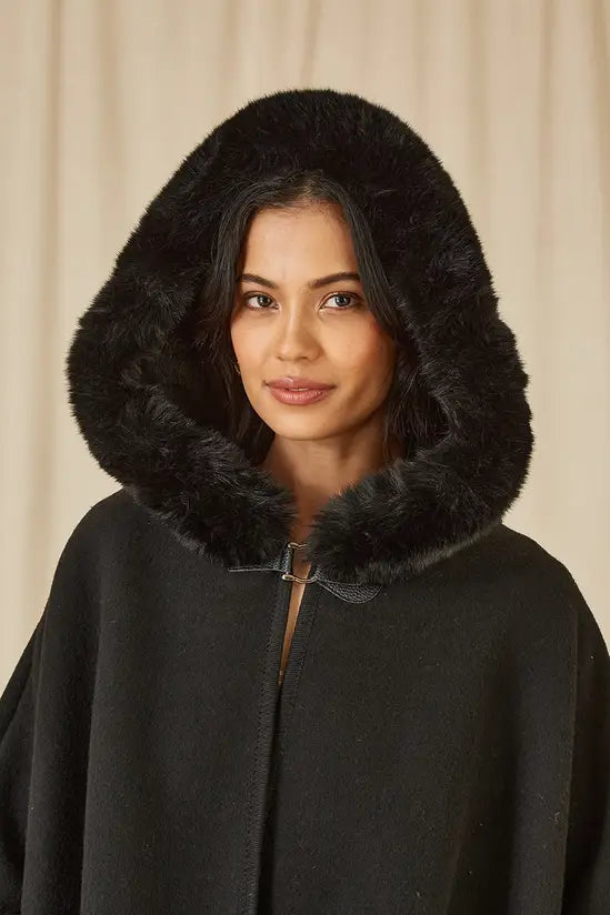 Yumi Black Cape With Luxe Fur Trim And Lining - QHA UK