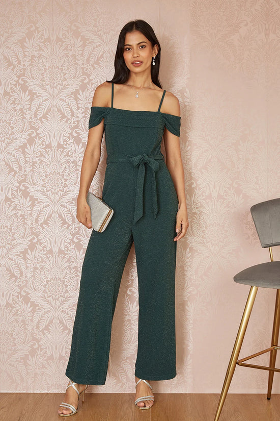 Yumi Green Sparkle Stretch Bardot Jumpsuit - QHA UK