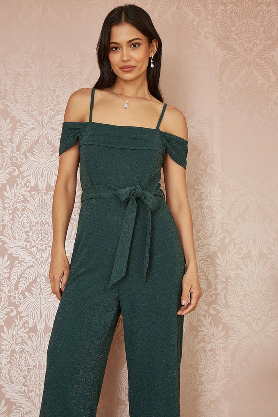Yumi Green Sparkle Stretch Bardot Jumpsuit - QHA UK