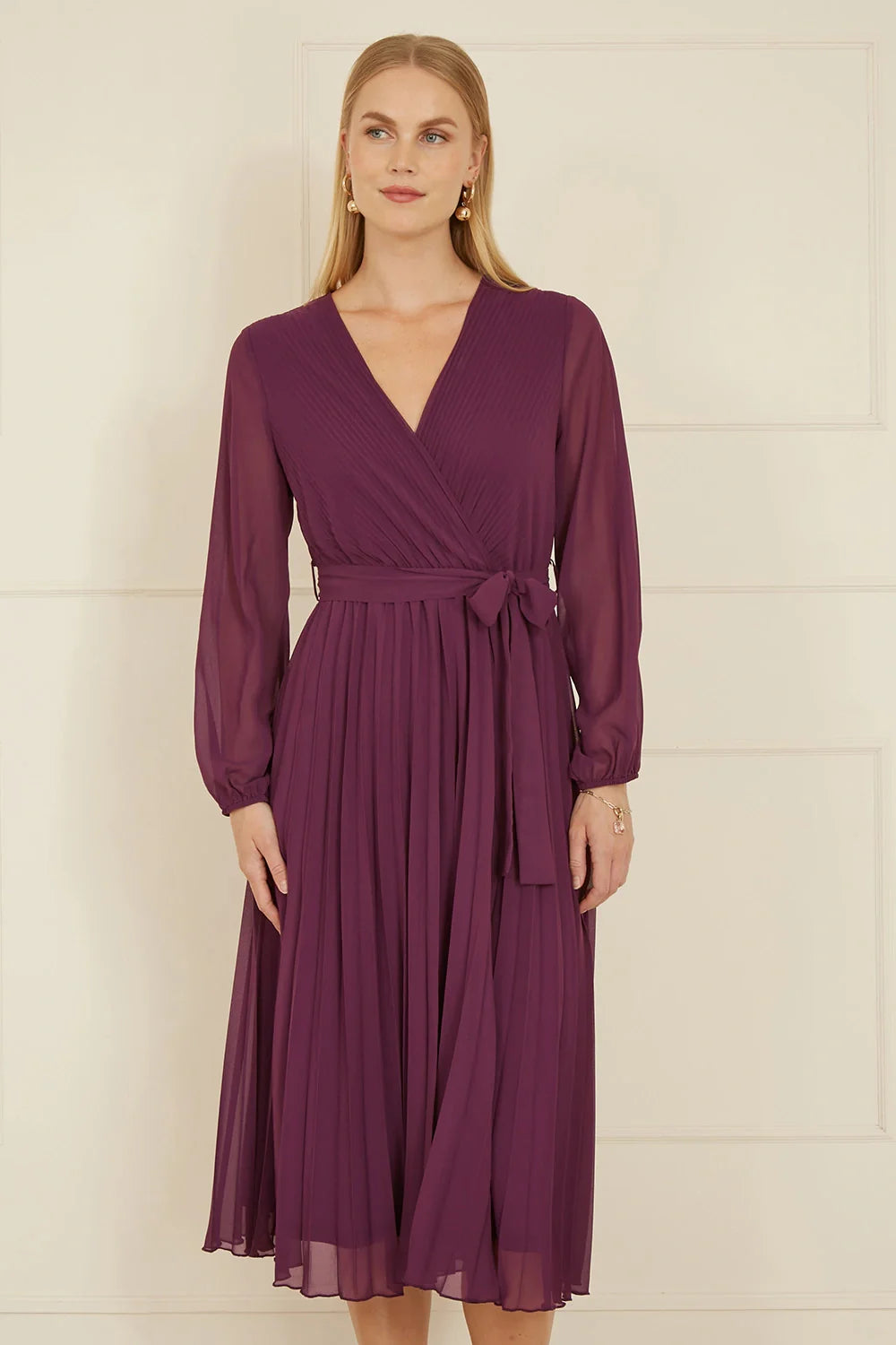Yumi Plum Pleated Wrap Midi Dress With Sheer Long Sleeves - QHA UK