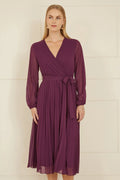 Yumi Plum Pleated Wrap Midi Dress With Sheer Long Sleeves - QHA UK