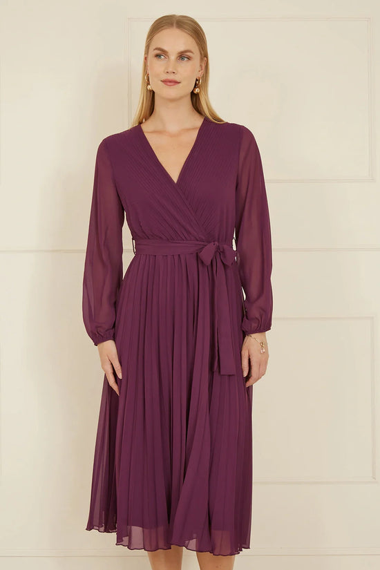 Yumi Plum Pleated Wrap Midi Dress With Sheer Long Sleeves - QHA UK