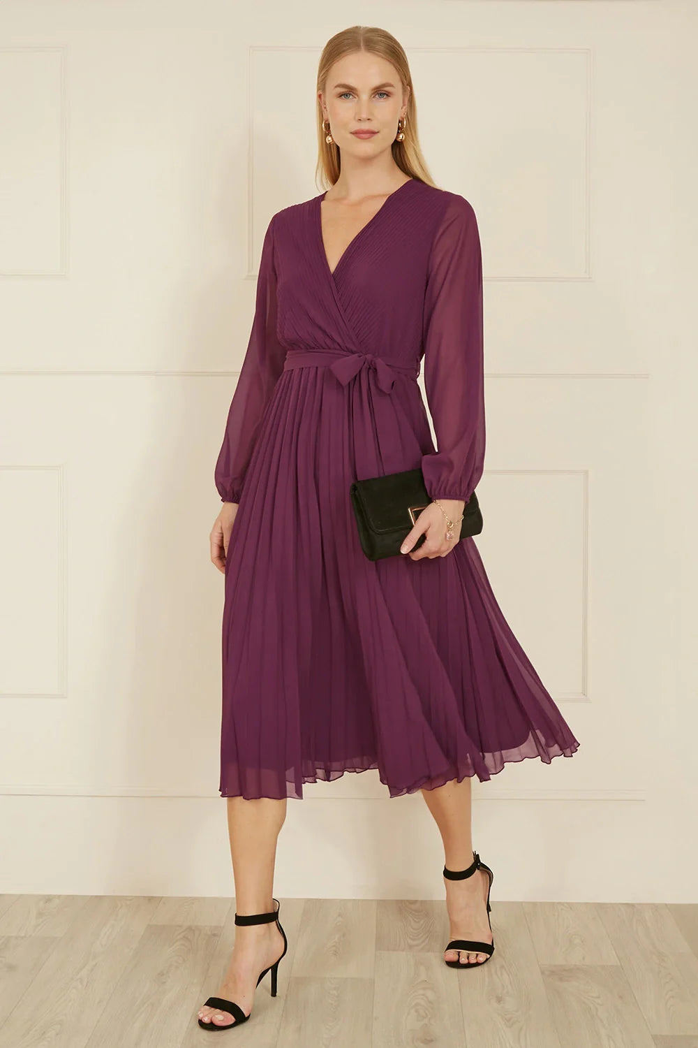 Yumi Plum Pleated Wrap Midi Dress With Sheer Long Sleeves - QHA UK