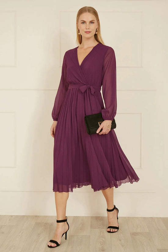Yumi Plum Pleated Wrap Midi Dress With Sheer Long Sleeves - QHA UK