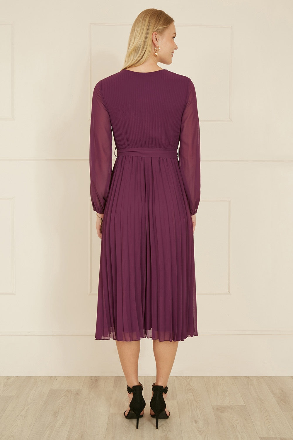 Yumi Plum Pleated Wrap Midi Dress With Sheer Long Sleeves - QHA UK