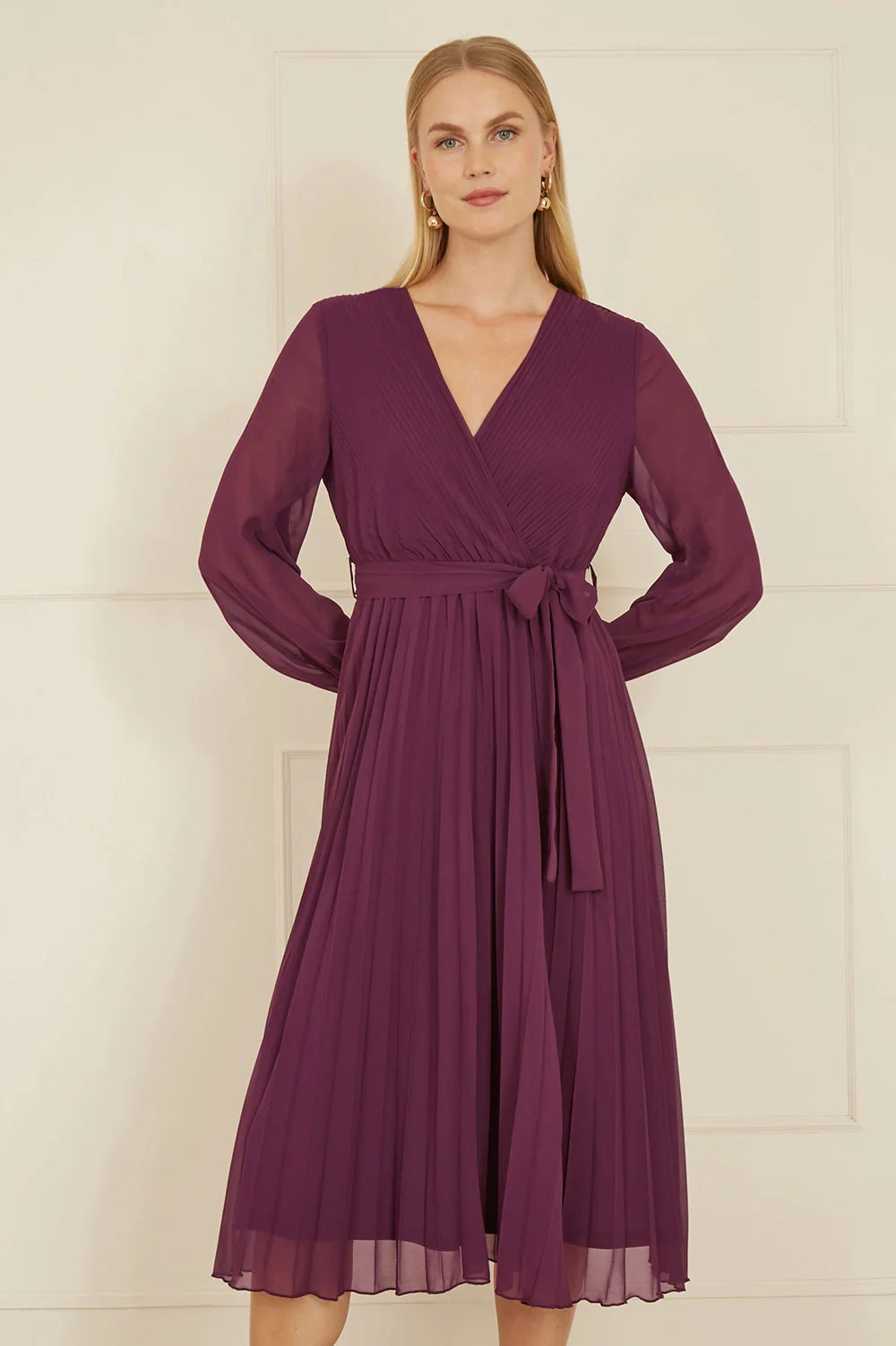 Yumi Plum Pleated Wrap Midi Dress With Sheer Long Sleeves - QHA UK