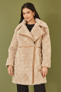 Yumi Brown Textured Borg Long Line Biker Coat - QHA UK