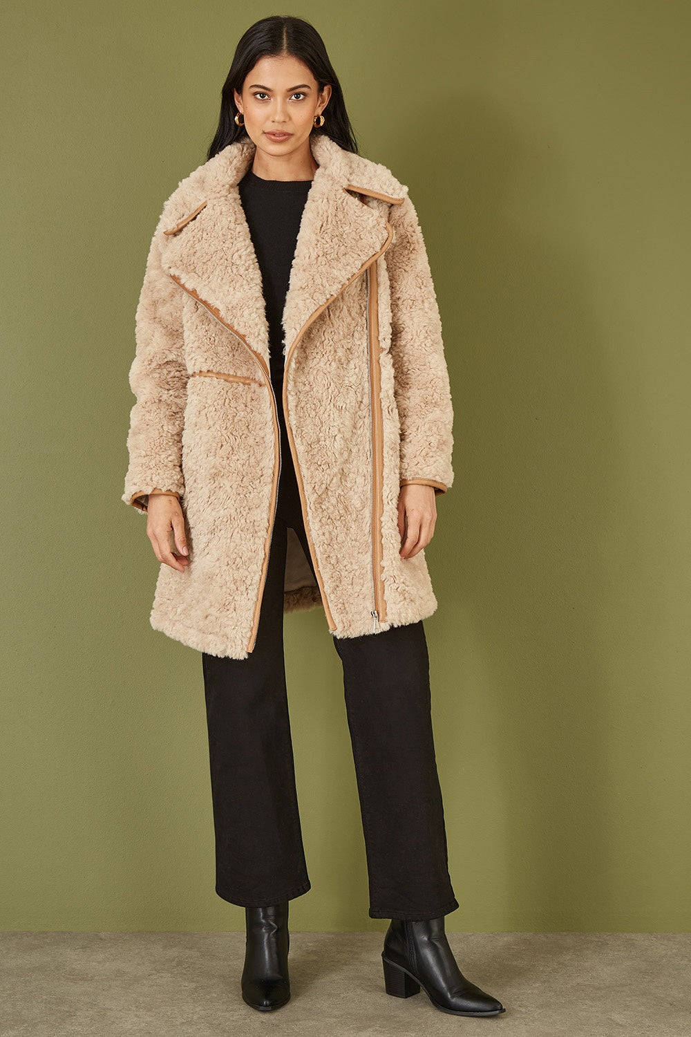 Yumi Brown Textured Borg Long Line Biker Coat - QHA UK