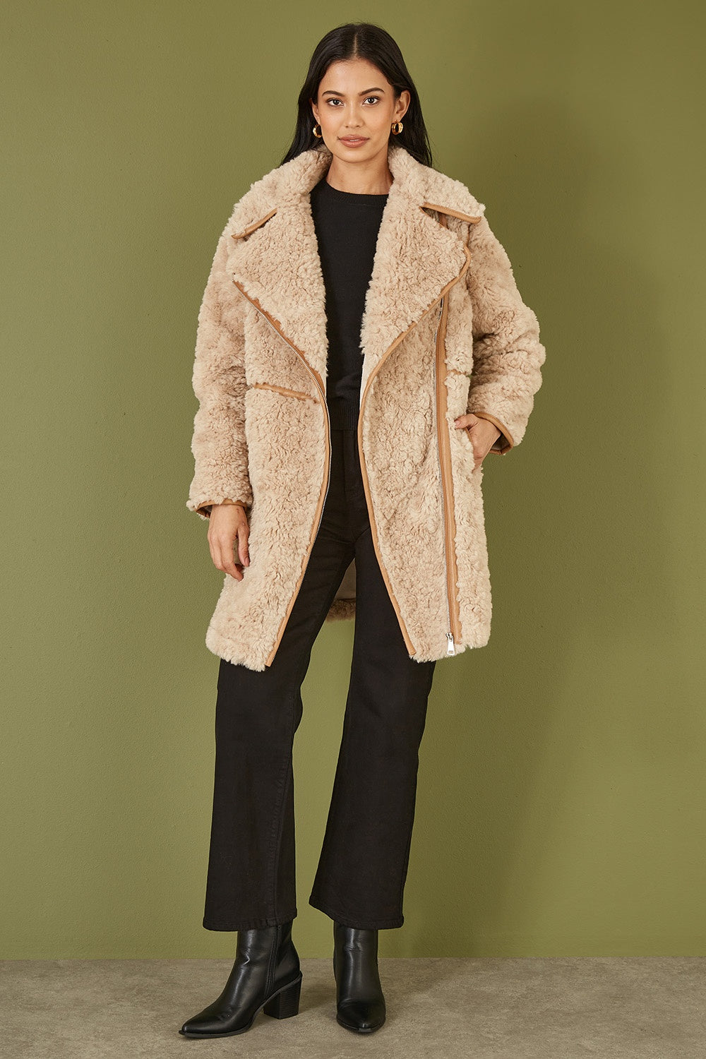 Yumi Brown Textured Borg Long Line Biker Coat - QHA UK