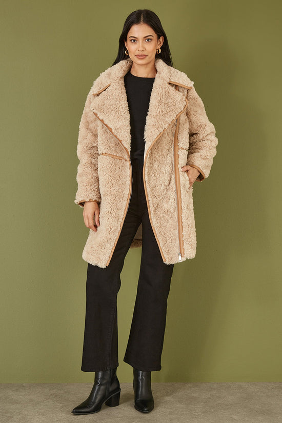Yumi Brown Textured Borg Long Line Biker Coat - QHA UK