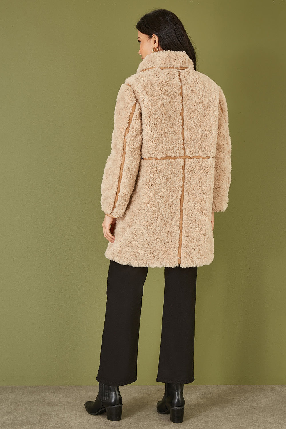 Yumi Brown Textured Borg Long Line Biker Coat - QHA UK
