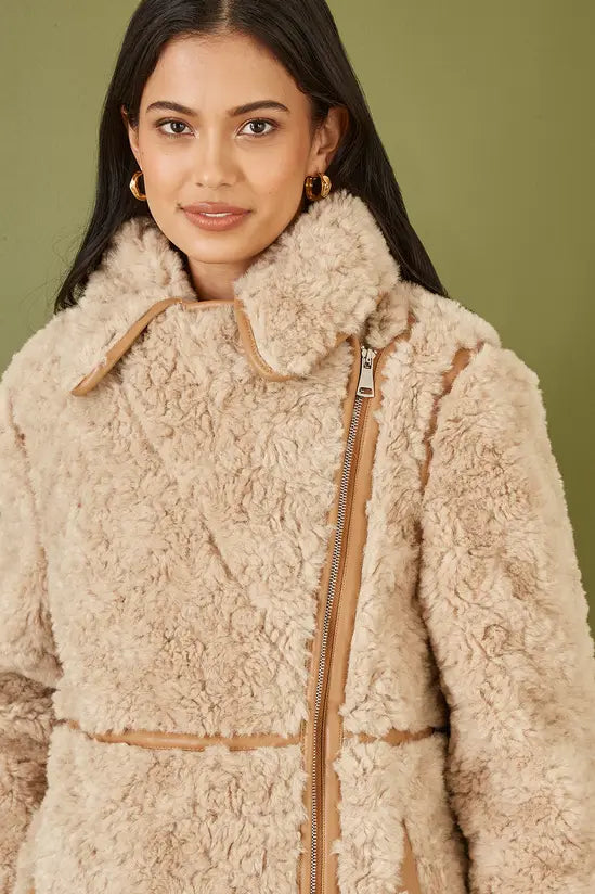 Yumi Brown Textured Borg Long Line Biker Coat - QHA UK