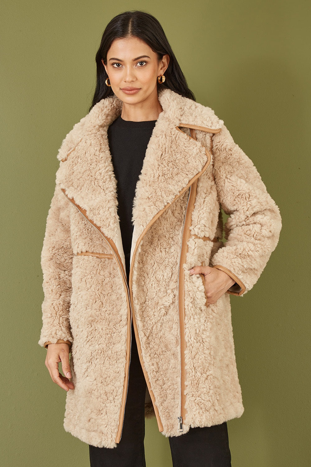 Yumi Brown Textured Borg Long Line Biker Coat - QHA UK