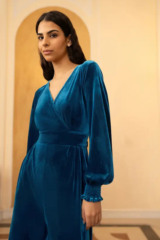 Yumi Teal Velvet Long sleeve Jumpsuit - QHA UK