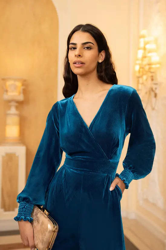 Yumi Teal Velvet Long sleeve Jumpsuit - QHA UK