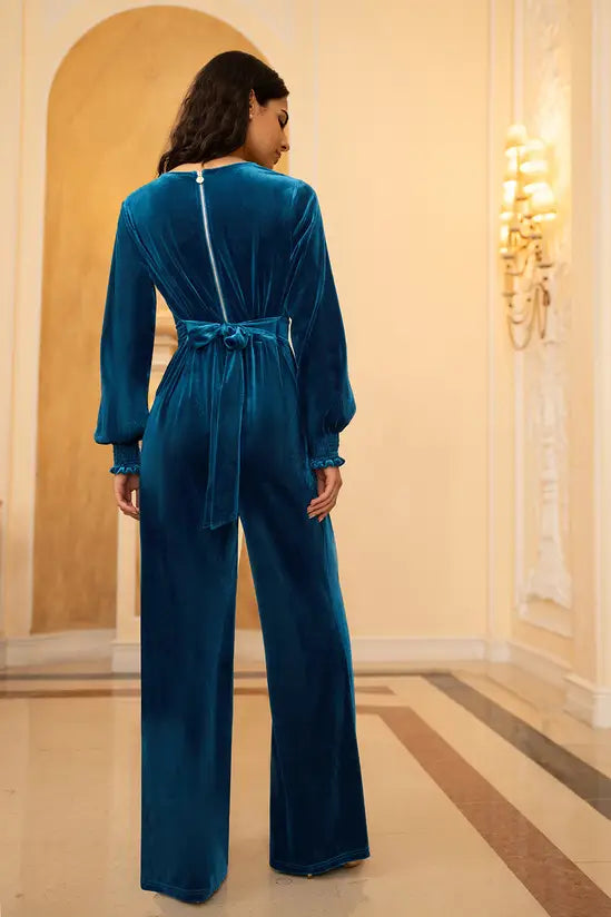 Yumi Teal Velvet Long sleeve Jumpsuit - QHA UK