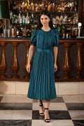 Yumi Green Satin Striped Midi Dress With Pleats and Matching Belt - QHA UK