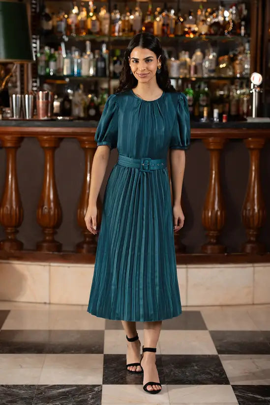 Yumi Green Satin Striped Midi Dress With Pleats and Matching Belt - QHA UK