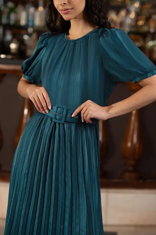 Yumi Green Satin Striped Midi Dress With Pleats and Matching Belt - QHA UK