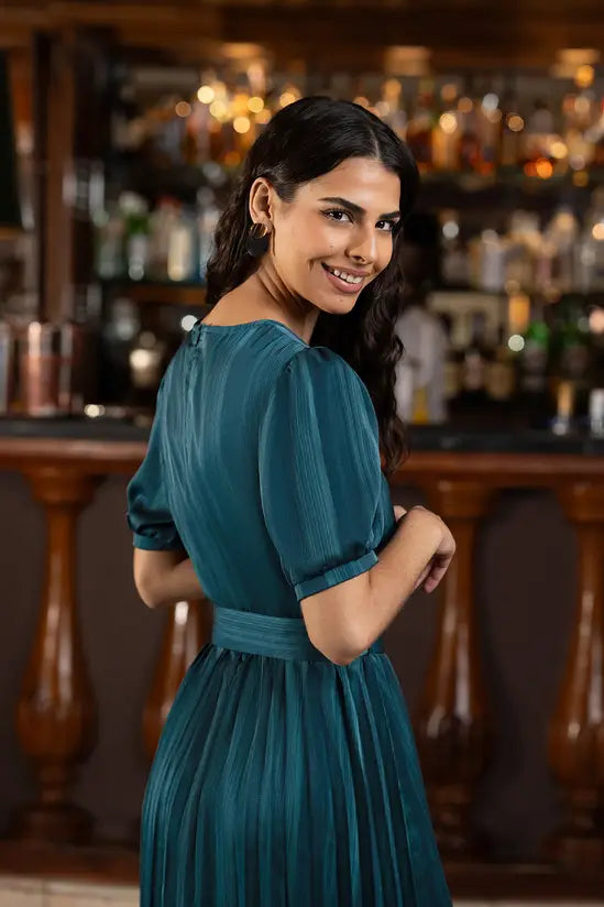 Yumi Green Satin Striped Midi Dress With Pleats and Matching Belt - QHA UK