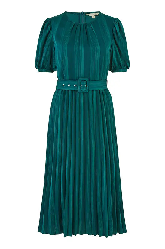Yumi Green Satin Striped Midi Dress With Pleats and Matching Belt - QHA UK