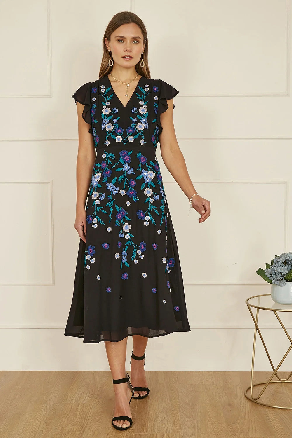 Yumi Black All Over Floral Embroidery Midi Skater Dress - QHA UK