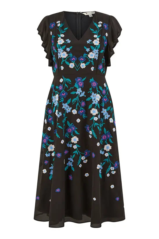 Yumi Black All Over Floral Embroidery Midi Skater Dress - QHA UK