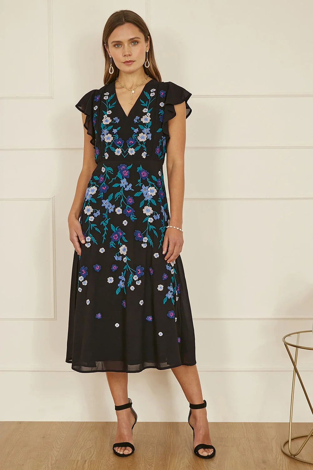 Yumi Black All Over Floral Embroidery Midi Skater Dress - QHA UK