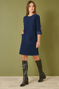 Yumi Navy Cord Tunic Dress With 3/4 Sleeves And Pockets - QHA UK