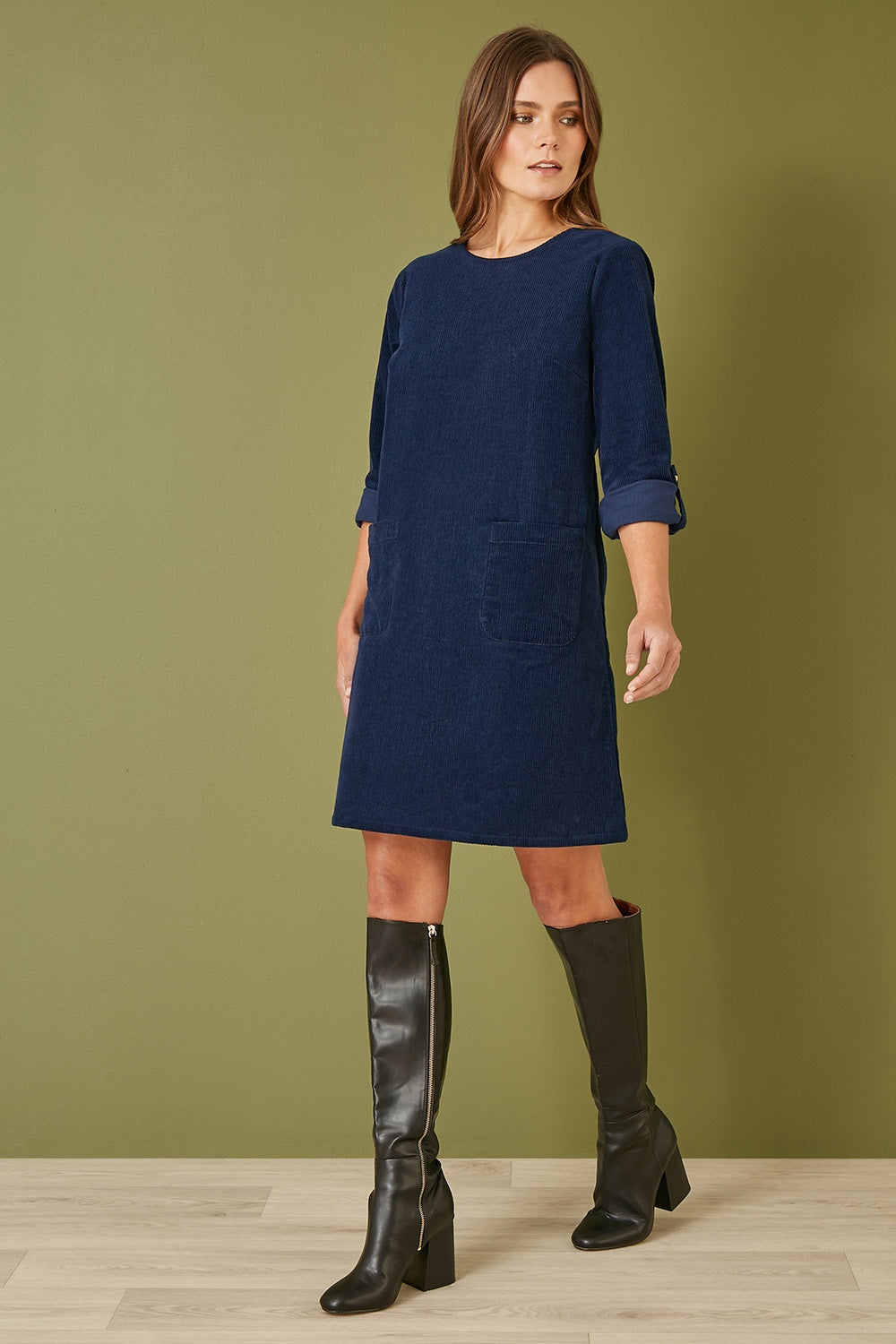 Yumi Navy Cord Tunic Dress With 3/4 Sleeves And Pockets - QHA UK