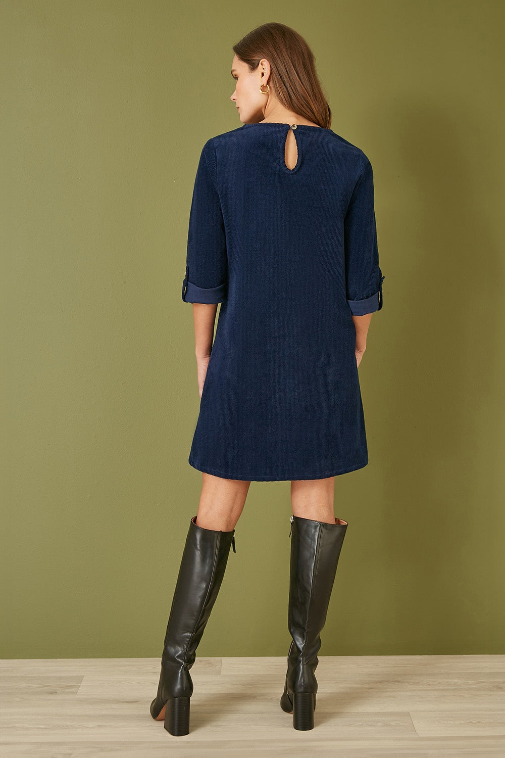 Yumi Navy Cord Tunic Dress With 3/4 Sleeves And Pockets - QHA UK