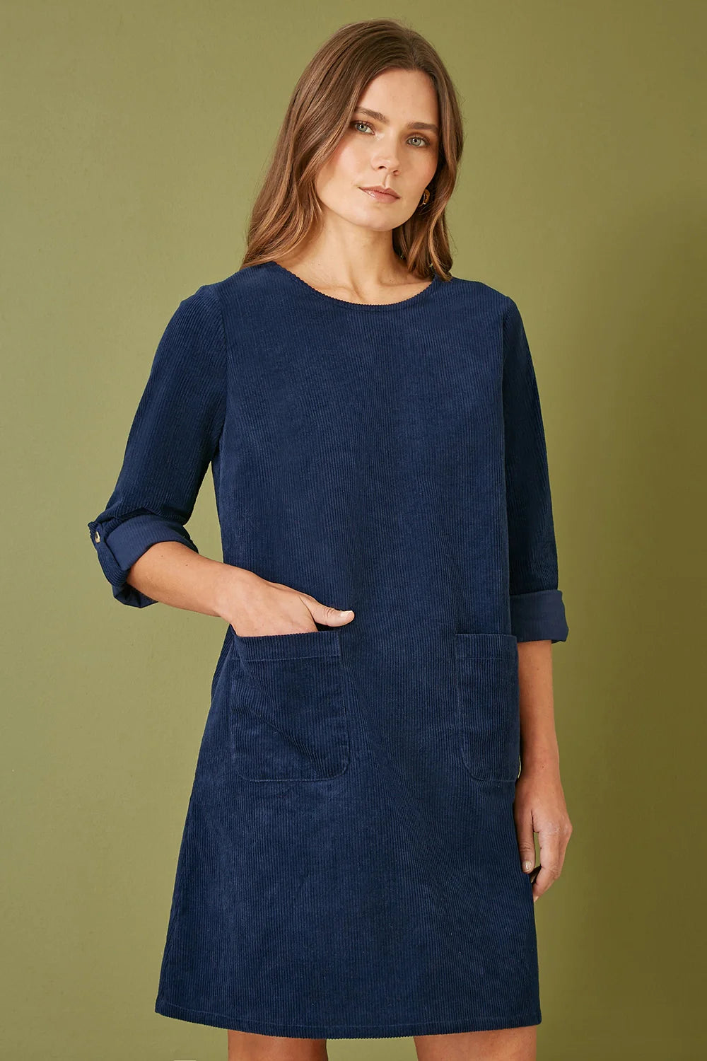 Yumi Navy Cord Tunic Dress With 3/4 Sleeves And Pockets - QHA UK