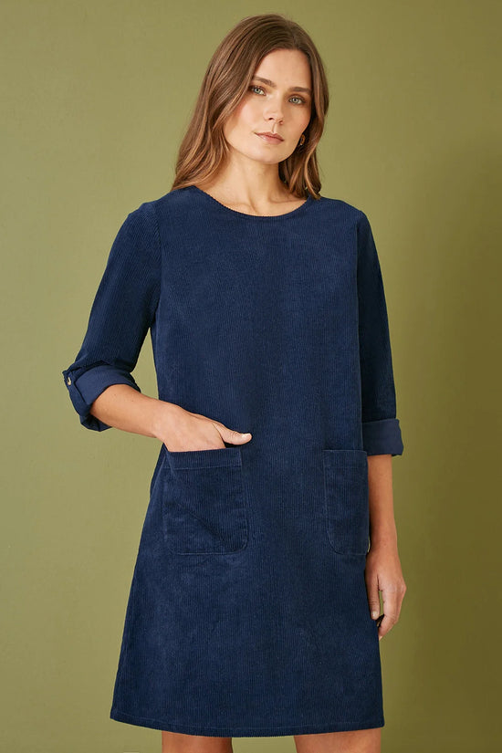Yumi Navy Cord Tunic Dress With 3/4 Sleeves And Pockets - QHA UK