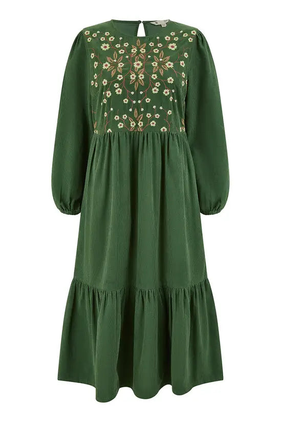 Yumi Green Long Sleeve Midi Dress With Floral Embroidery Bodice - QHA UK