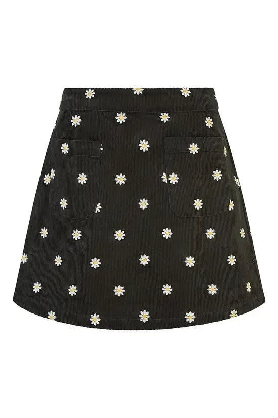 Yumi Black Corduroy Embroidered Daisy Mini Skirt - QHA UK