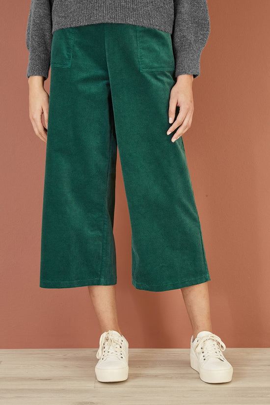 Yumi Green Cord Cropped Wide Leg Trousers With Pockets - QHA UK