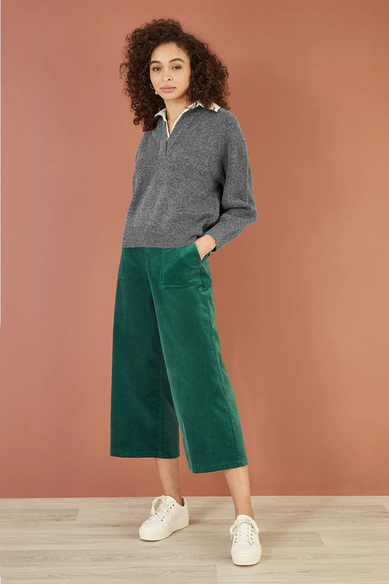 Yumi Green Cord Cropped Wide Leg Trousers With Pockets - QHA UK