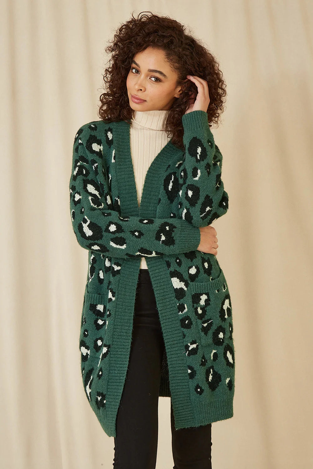 Yumi Green Animal Intarsia Long Cardigan - QHA UK