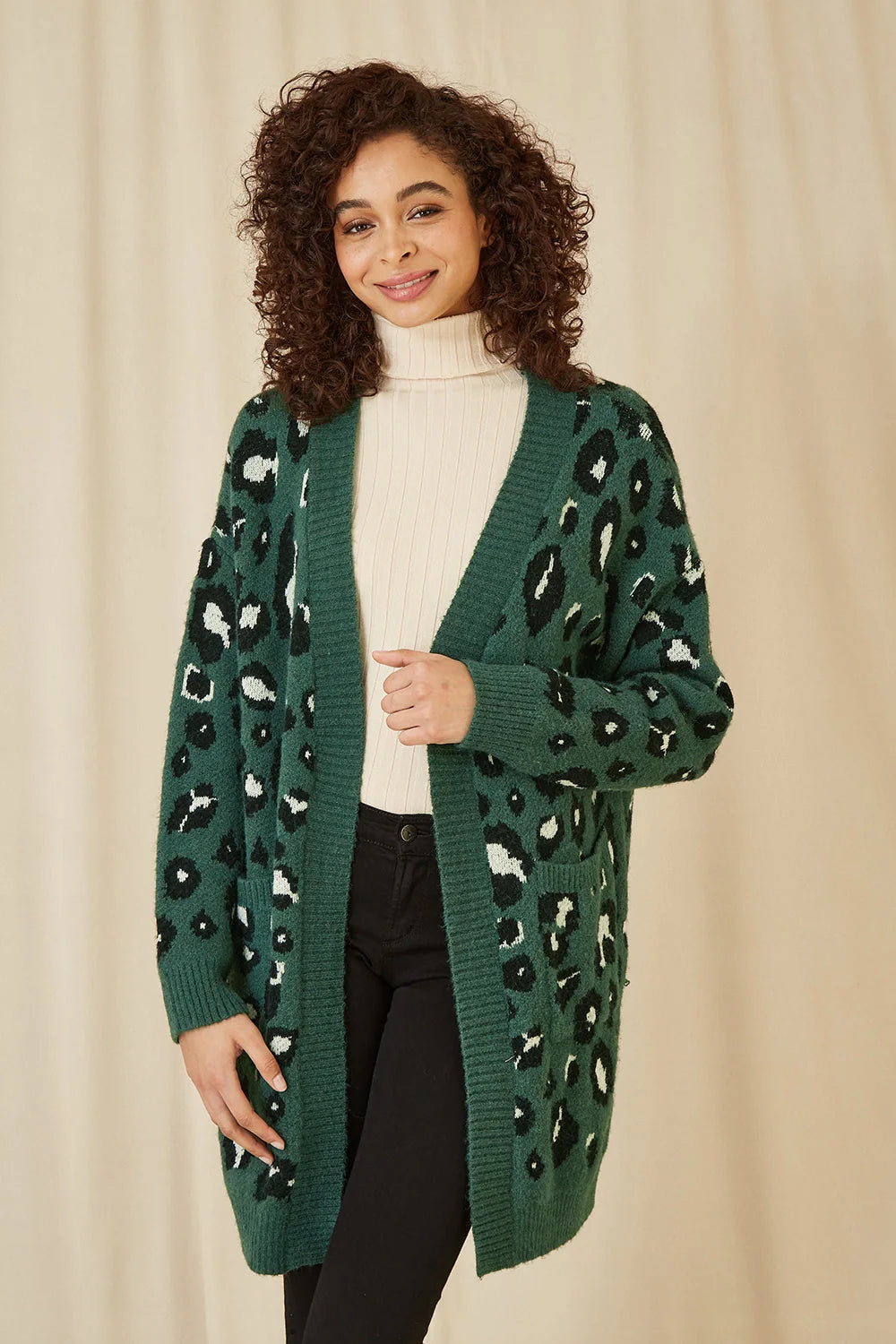 Yumi Green Animal Intarsia Long Cardigan - QHA UK