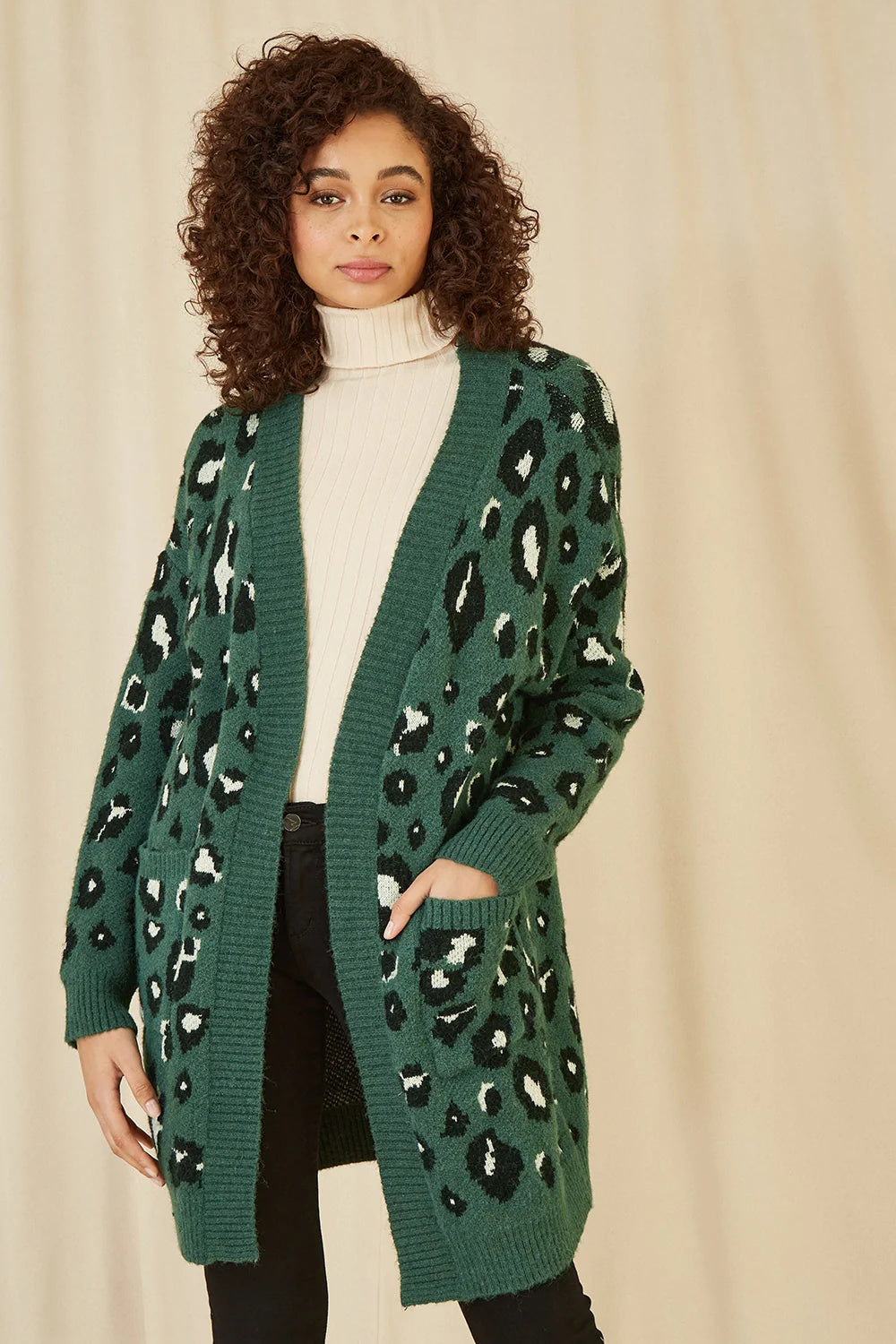 Yumi Green Animal Intarsia Long Cardigan - QHA UK
