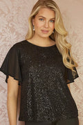 Yumi Black Sequin Top With Sheer Sleeves And Cut Out Back - QHA UK