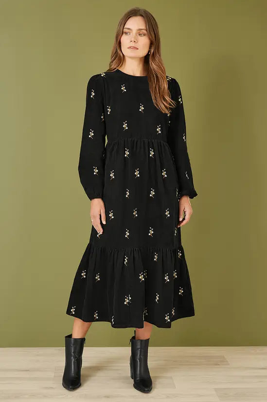 Yumi Black Long Sleeve Midi Dress With Floral Embroidery - QHA UK